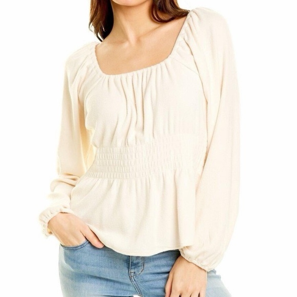 Madewell Plush Square-Neck Smocked Peplum Top Ivory Peasant Prairie XS